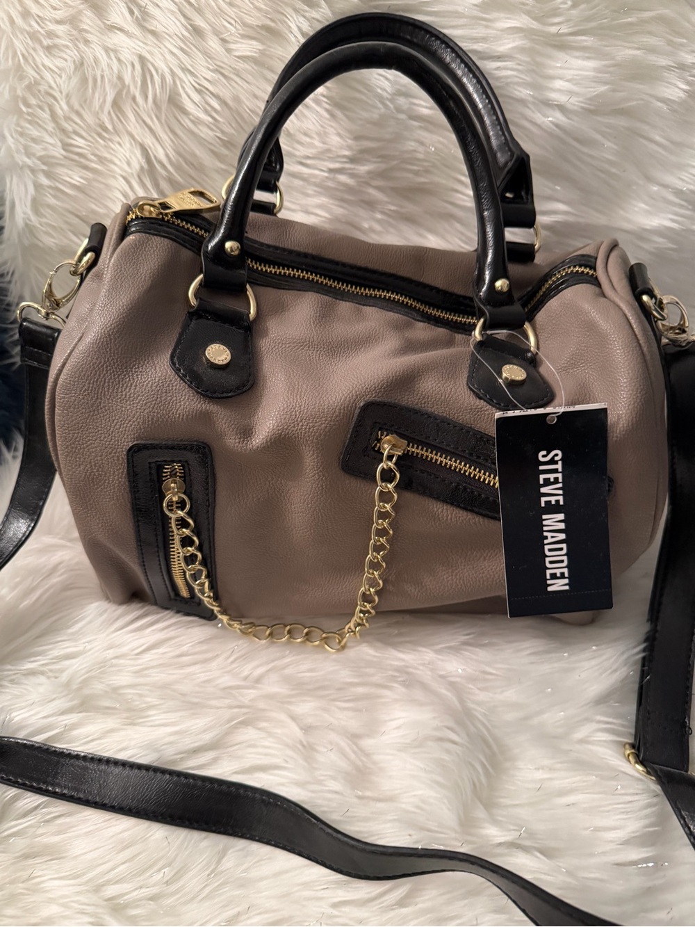 Steve Madden Taupe Satchel with Black Trim & Gold Hardware